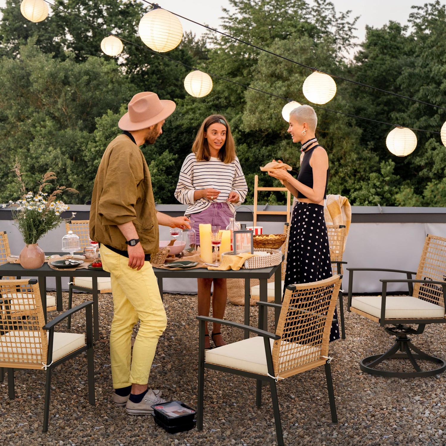 LAUSAINT HOME 7 Pieces Patio Dining Set, Outdoor Furniture Set of 6 Wicker Chairs (2 of Them Swivel) with Soft Cushion and Iron Slats Table Top with Umbrella Hole, Conversation Set for Backyard