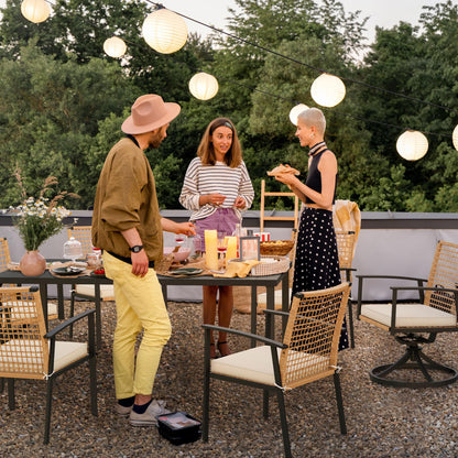 LAUSAINT HOME 7 Pieces Patio Dining Set, Outdoor Furniture Set of 6 Wicker Chairs (2 of Them Swivel) with Soft Cushion and Iron Slats Table Top with Umbrella Hole, Conversation Set for Backyard