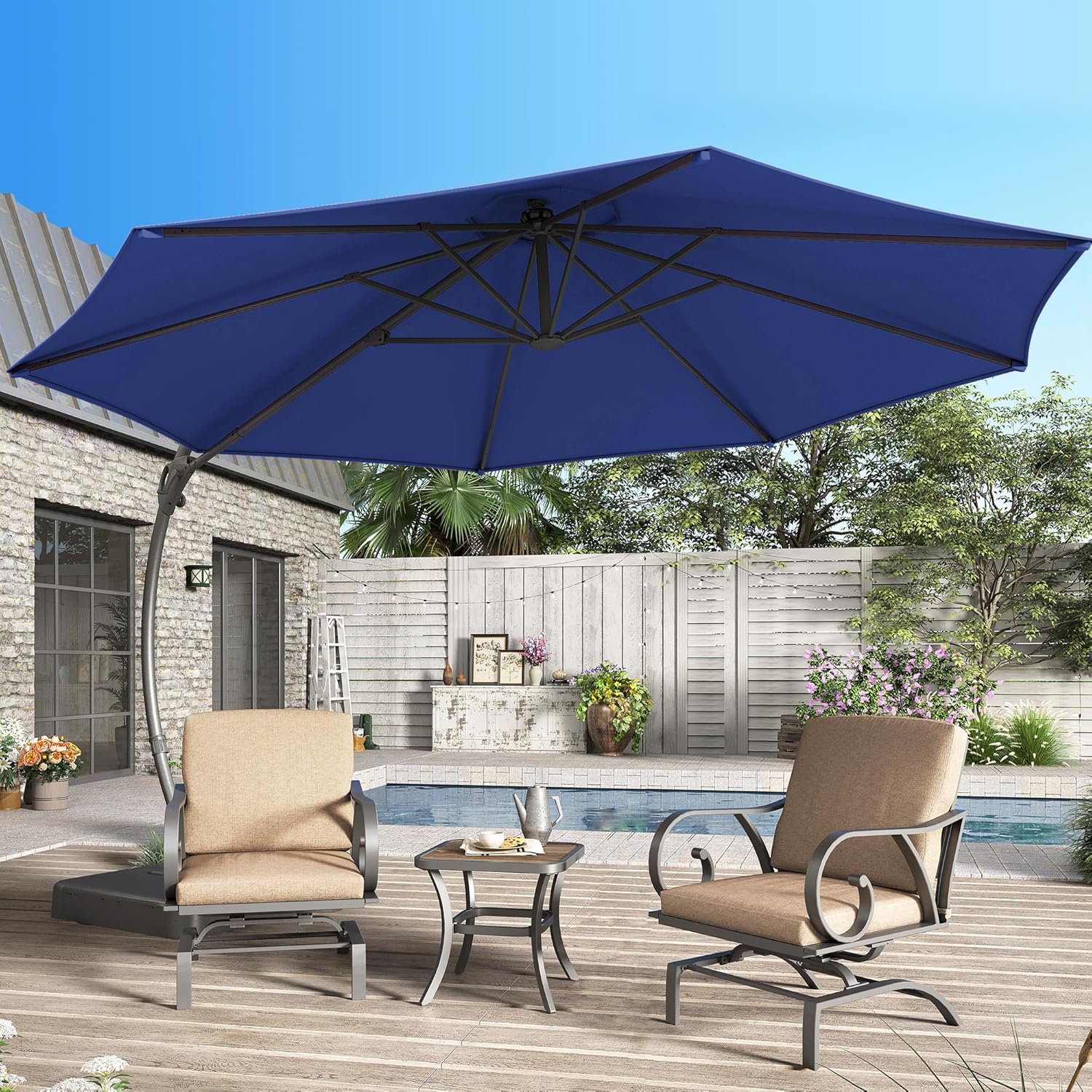 LAUSAINT HOME Outdoor Patio Umbrella with Base Included, Large Sun Shade Cantilever Umbrella Deluxe Curvy