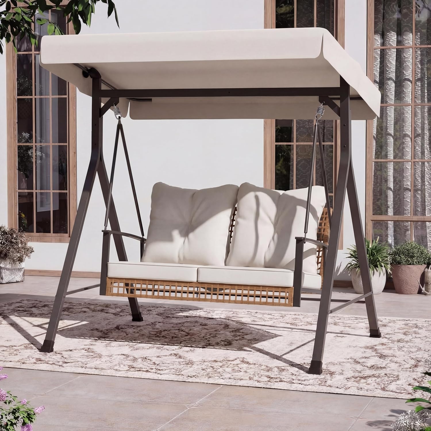 LAUSAINT HOME Porch Swing, 2 Person Wicker Patio Swing Chair with Adjustable Canopy