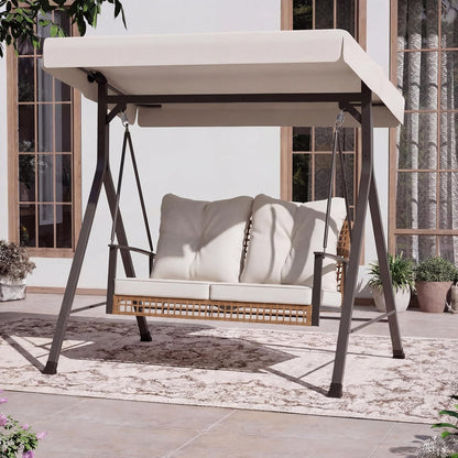 LAUSAINT HOME Porch Swing, 2 Person Wicker Patio Swing Chair with Adjustable Canopy