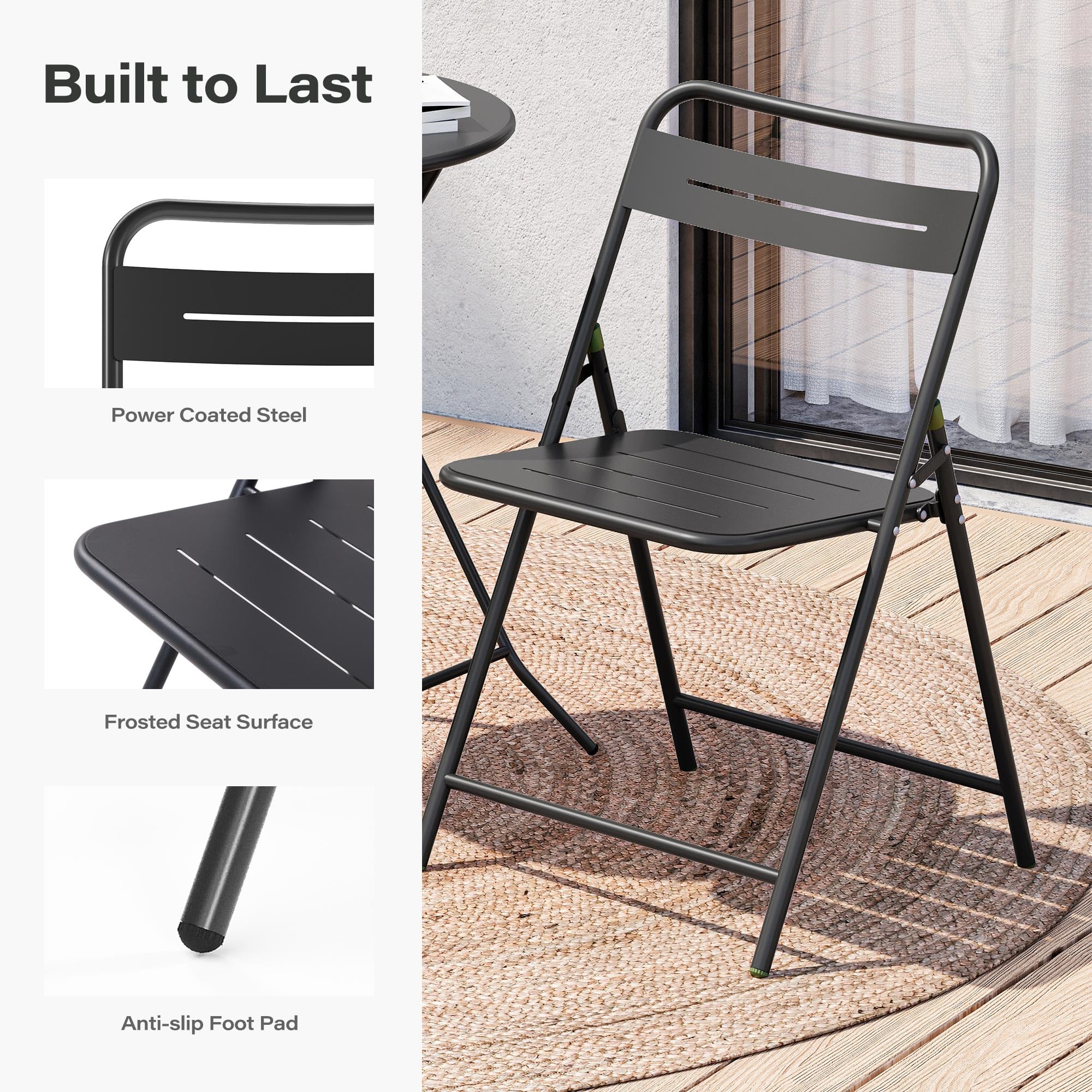 LAUSAINT HOME 3-Piece Steel Folding Bistro Set, Premium Weather-Resistant Patio Table &amp; 2 Chairs