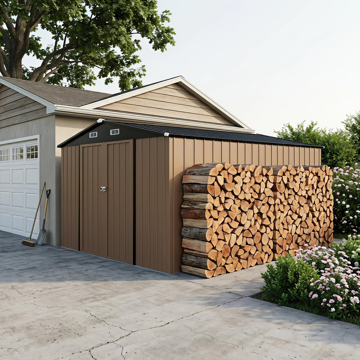 LAUSAINT HOME 8 x 6 FT Outdoor Storage Shed with Window, Galvanized Steel Storage Shed, Double Lockable Doors, Gable Roof &amp; Air Vent for Backyard, Brown