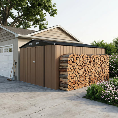 LAUSAINT HOME 8 x 6 FT Outdoor Storage Shed with Window, Galvanized Steel Storage Shed, Double Lockable Doors, Gable Roof &amp; Air Vent for Backyard, Brown