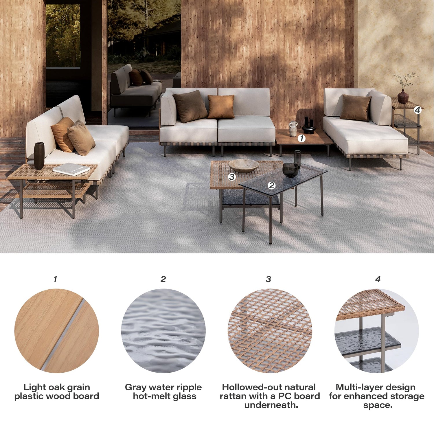 LAUSAINT HOME 7-Piece Outdoor Patio Furniture Set, Wicker Outdoor Conversation Set PE Rattan Sectional Sofa with Washable Cushions and Tempered Glass Table for Garden (Grey)