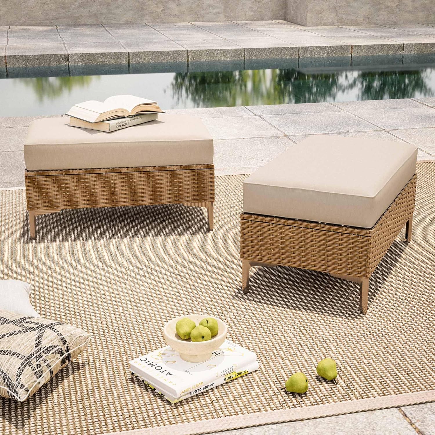 LAUSAINT HOME 2 Pieces Outdoor Patio Ottoman Set with Large 5-Inch Beige Cushions