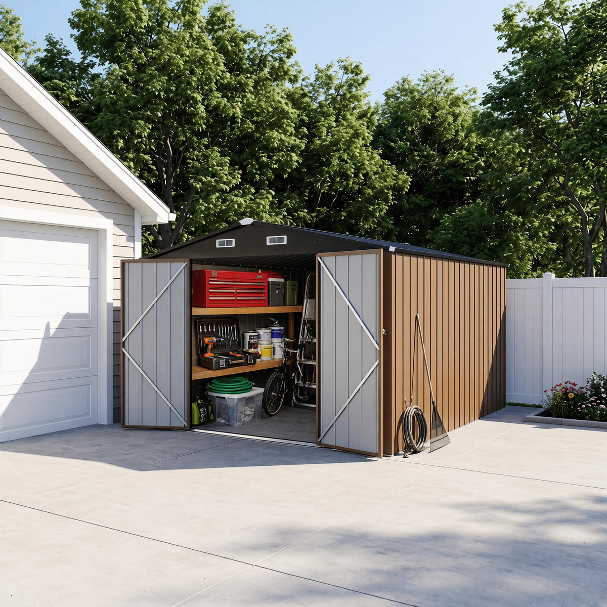 LAUSAINT HOME 8 x 6 FT Outdoor Storage Shed with Window, Galvanized Steel Storage Shed, Double Lockable Doors, Gable Roof &amp; Air Vent for Backyard, Brown