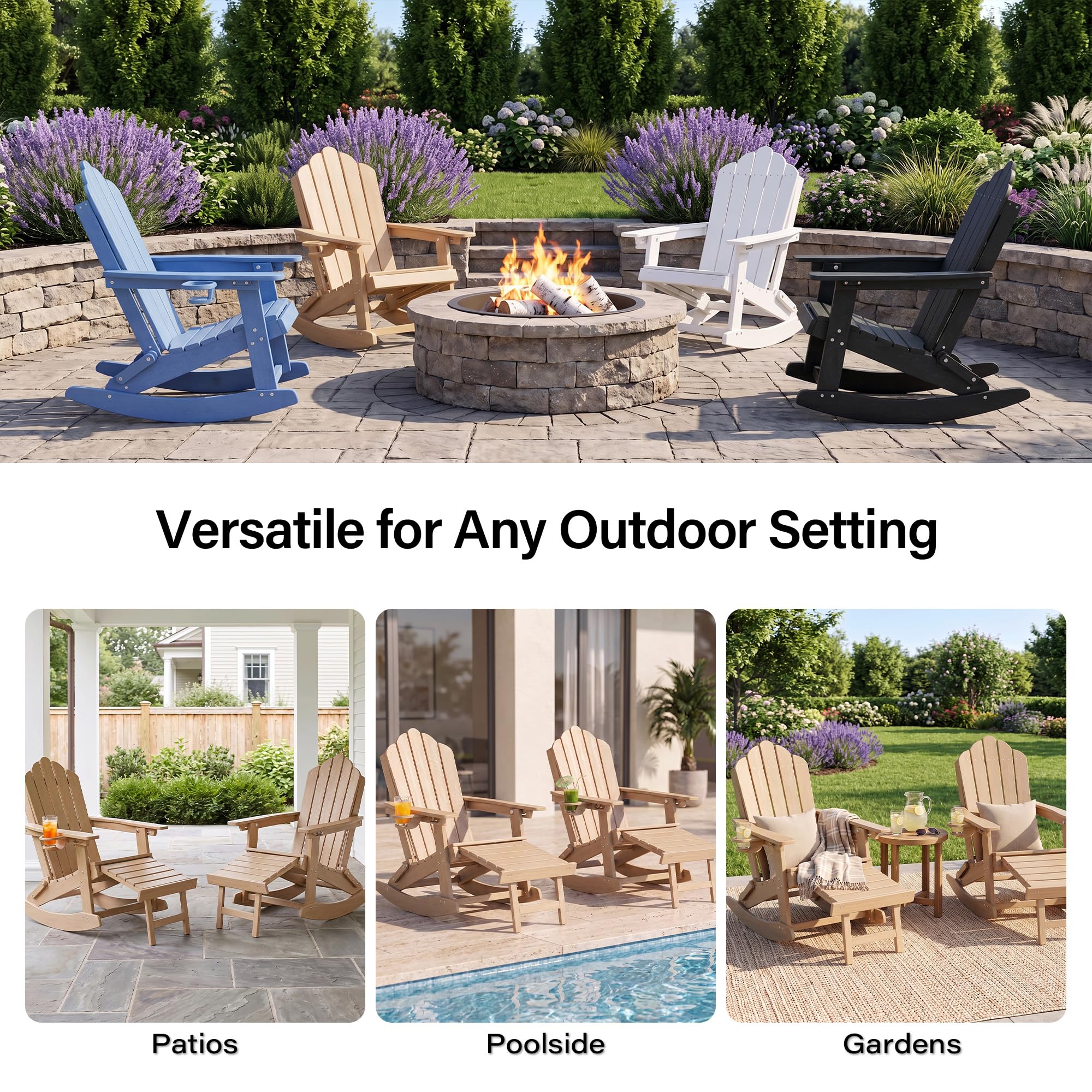 LAUSAINT HOME Folding Adirondack Rocking Chairs Set with Retractable Ottomans, 3-Position Adjustable Backrests and Cup Holders
