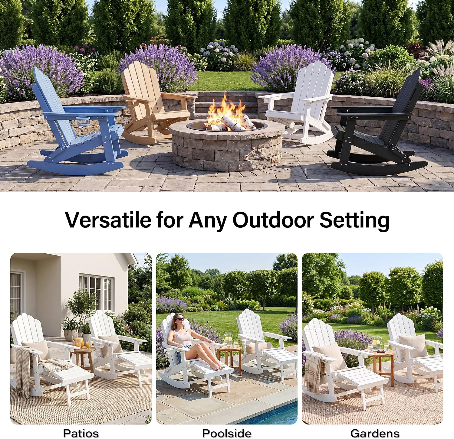 LAUSAINT HOME Folding Adirondack Rocking Chairs Set with Retractable Ottomans, 3-Position Adjustable Backrests and Cup Holders