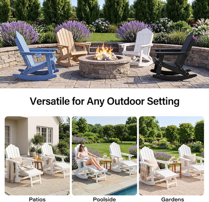 LAUSAINT HOME Folding Adirondack Rocking Chairs Set with Retractable Ottomans, 3-Position Adjustable Backrests and Cup Holders