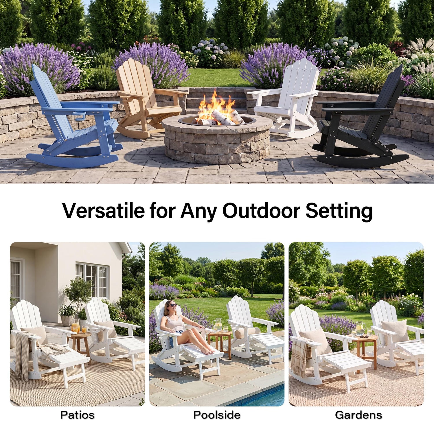 LAUSAINT HOME Folding Adirondack Rocking Chairs Set with Retractable Ottomans, 3-Position Adjustable Backrests and Cup Holders