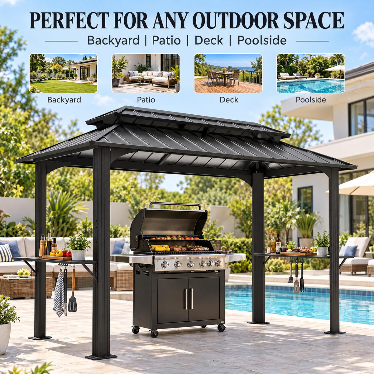 LAUSAINT HOME 5x8 FT Outdoor Grill Gazebo Canopy, BBQ Gazebo with 2-Tier Vented Top, 2 Durable Shelves &amp; Metal Frame Grill ShelterDark Gray