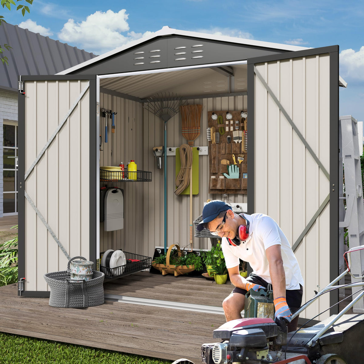 LAUSAINT HOME 10 x 3 FT 2-in-1 Metal Outdoor Storage Shed with Hardtop Gazebo, Lockable Galvanized Steel Lean-to Tool Shed with Sloped Roof, Black