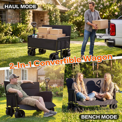 LAUSAINT HOME 3-in-1 Foldable Wagon Cart with Bench Seat, Heavy Duty Collapsible Utility Wagon