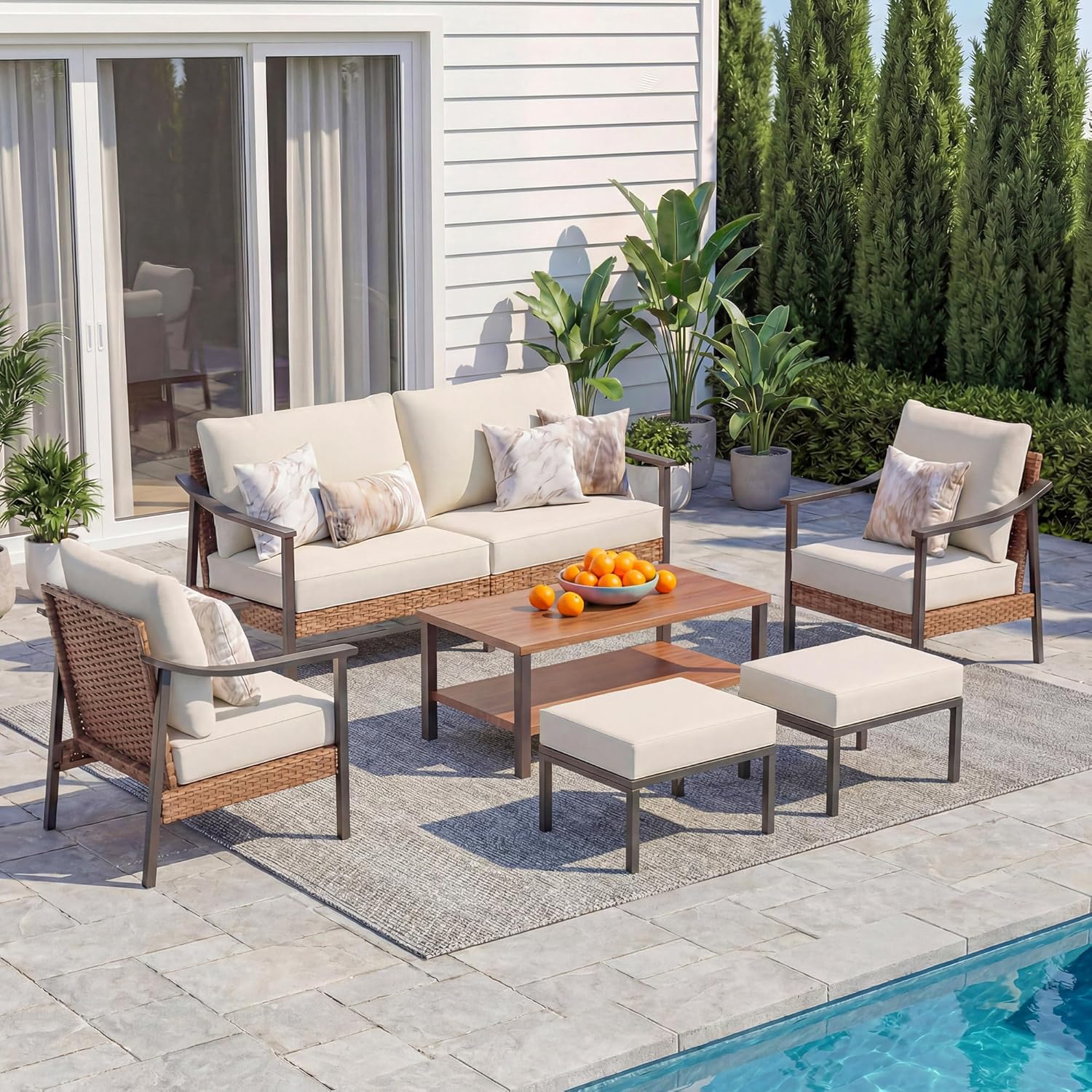LAUSAINT HOME 6 Pieces Outdoor Patio Furniture Set, Rattan Outdoor Couch Sectional
