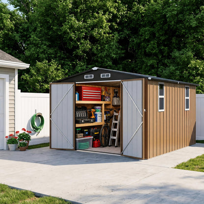 LAUSAINT HOME 8 x 6 FT Outdoor Storage Shed with Window, Galvanized Steel Storage Shed, Double Lockable Doors, Gable Roof &amp; Air Vent for Backyard, Brown