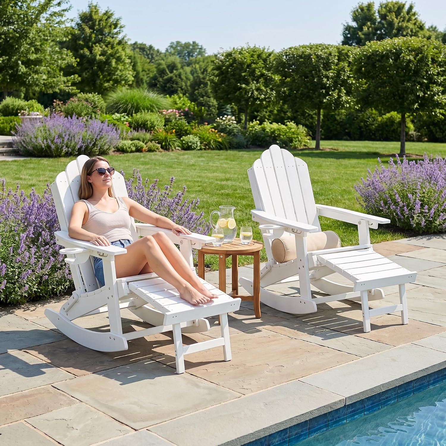 LAUSAINT HOME Folding Adirondack Rocking Chairs Set with Retractable Ottomans, 3-Position Adjustable Backrests and Cup Holders