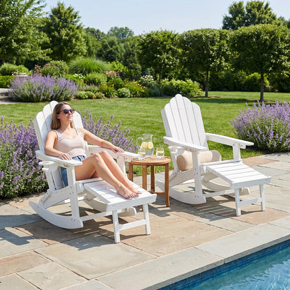 LAUSAINT HOME Folding Adirondack Rocking Chairs Set with Retractable Ottomans, 3-Position Adjustable Backrests and Cup Holders