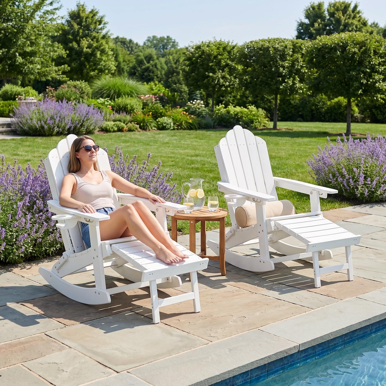 LAUSAINT HOME Folding Adirondack Rocking Chairs Set with Retractable Ottomans, 3-Position Adjustable Backrests and Cup Holders