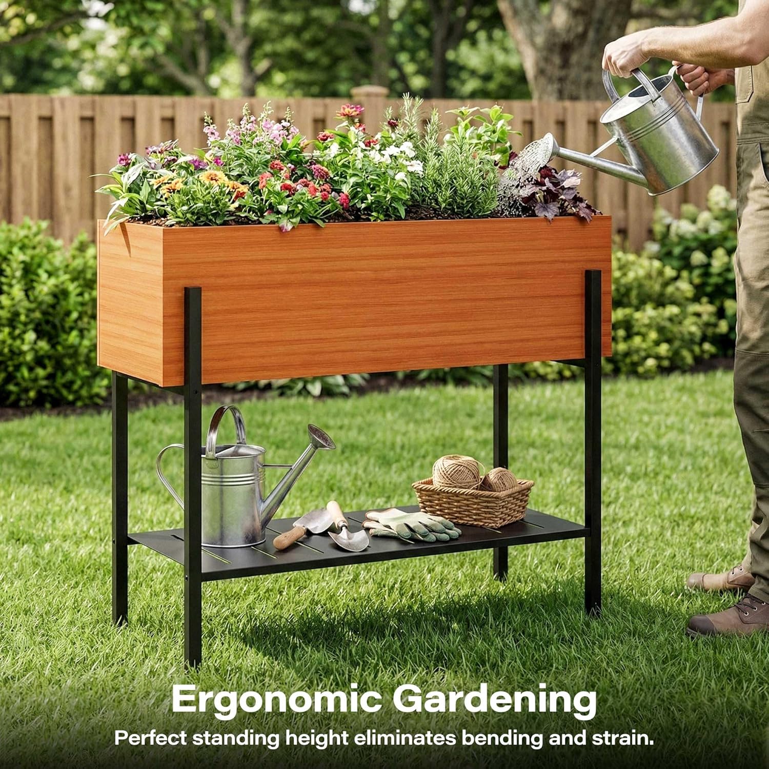 LAUSAINT HOME Outdoor Raised Garden Bed with Legs and Storage Shelf, 32" Tall Metal Elevated Planter Box