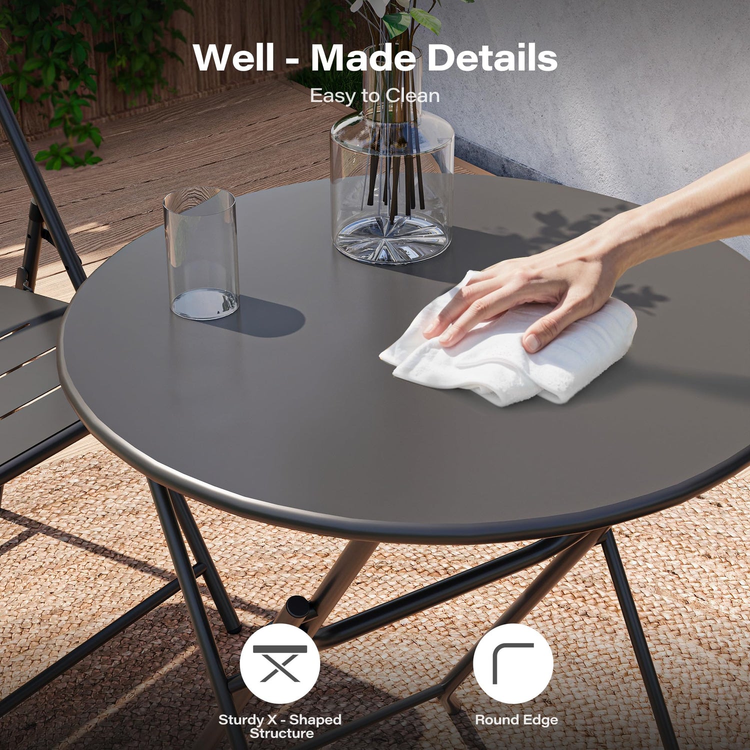 LAUSAINT HOME 3-Piece Steel Folding Bistro Set, Premium Weather-Resistant Patio Table &amp; 2 Chairs