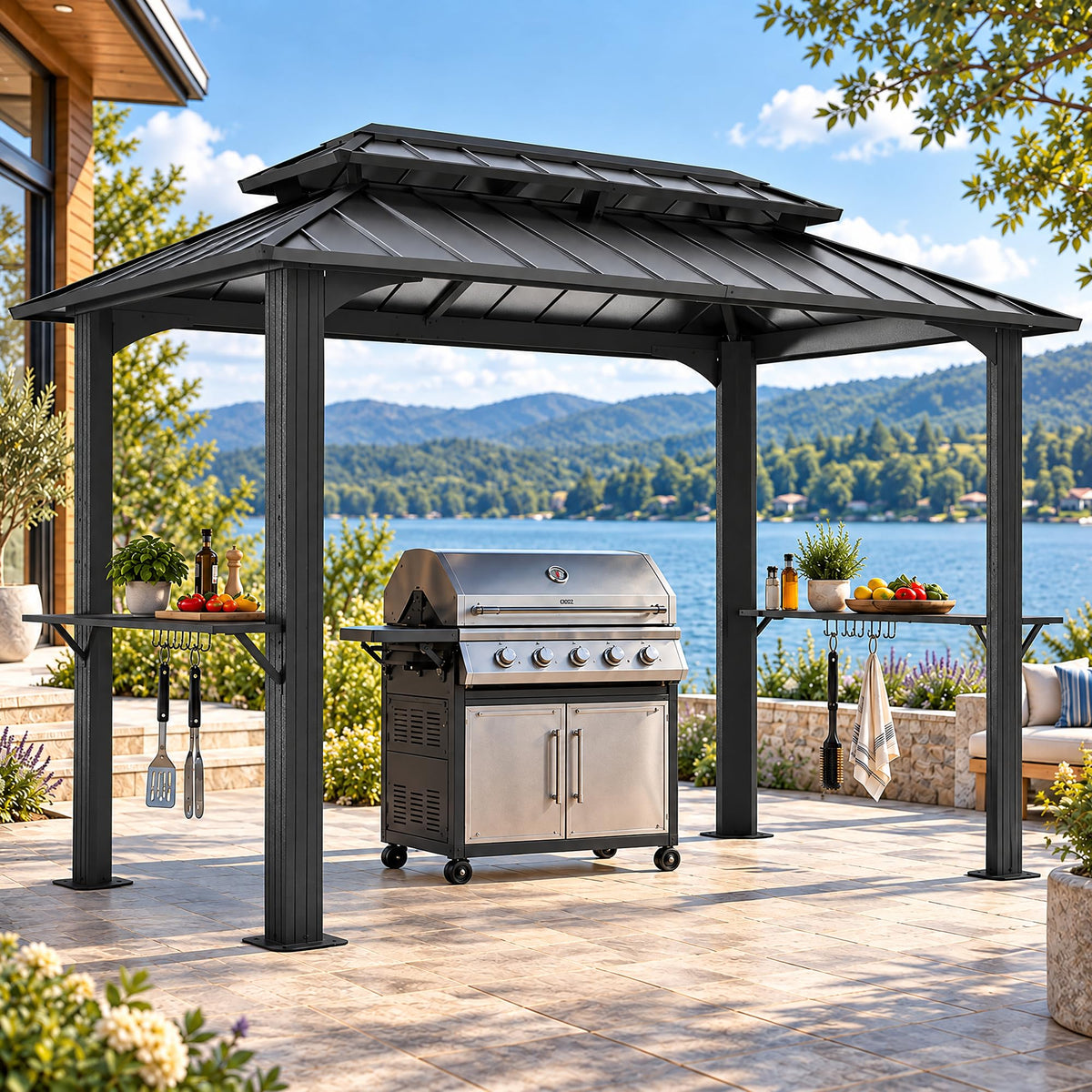 LAUSAINT HOME 5x8 FT Outdoor Grill Gazebo Canopy, BBQ Gazebo with 2-Tier Vented Top, 2 Durable Shelves &amp; Metal Frame Grill ShelterDark Gray