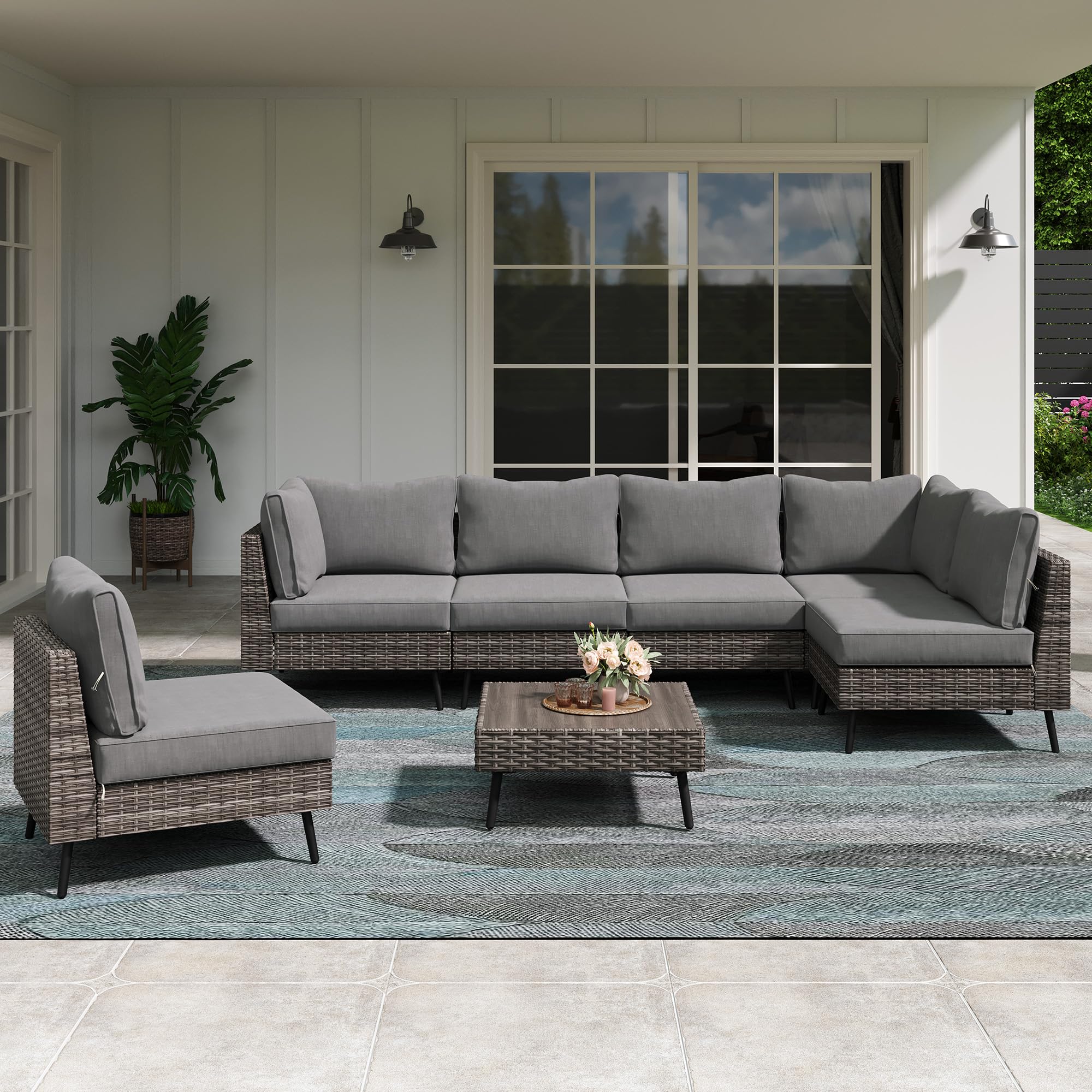 LAUSAINT HOME Outdoor Patio Furniture, 6 Piece Outdoor Sectional Sofa PE Rattan Wicker Patio Conversation Sets, All Weather Patio Furniture Set with Thick Cushions for Garden, Backyard(Beige)