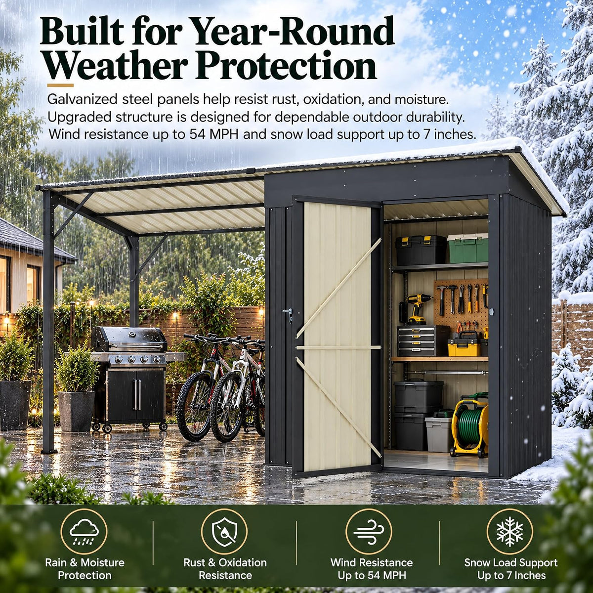 LAUSAINT HOME 10 x 3 FT 2-in-1 Metal Outdoor Storage Shed with Hardtop Gazebo, Lockable Galvanized Steel Lean-to Tool Shed with Sloped Roof, Black