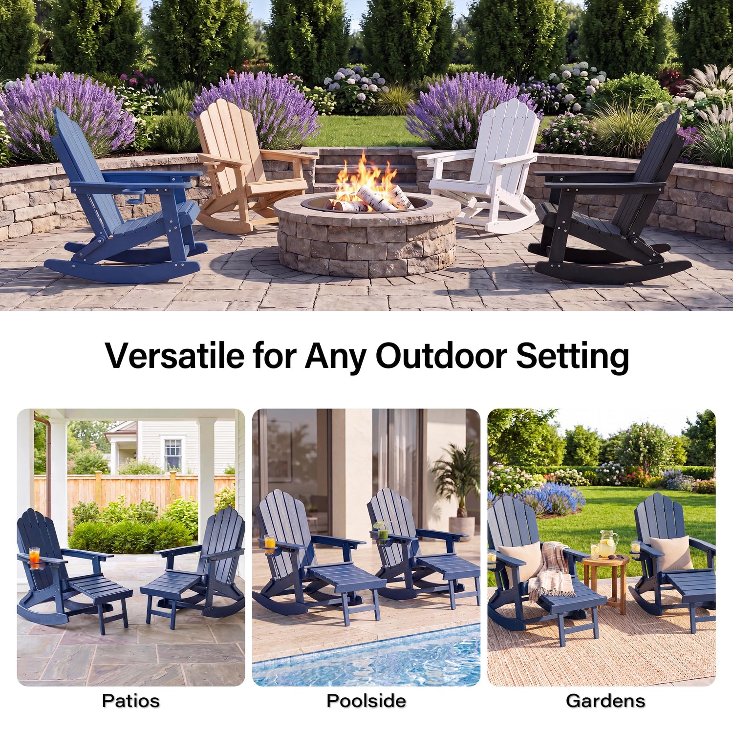 LAUSAINT HOME Folding Adirondack Rocking Chairs Set with Retractable Ottomans, 3-Position Adjustable Backrests and Cup Holders