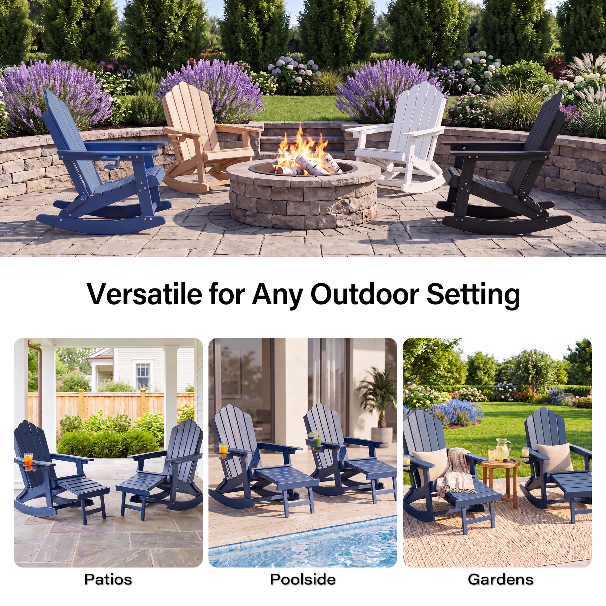LAUSAINT HOME Folding Adirondack Rocking Chairs Set with Retractable Ottomans, 3-Position Adjustable Backrests and Cup Holders