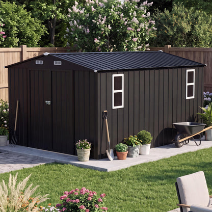 LAUSAINT HOME 8 x 6 FT Outdoor Storage Shed with Window, Galvanized Steel Storage Shed, Double Lockable Doors, Gable Roof &amp; Air Vent for Backyard, Brown