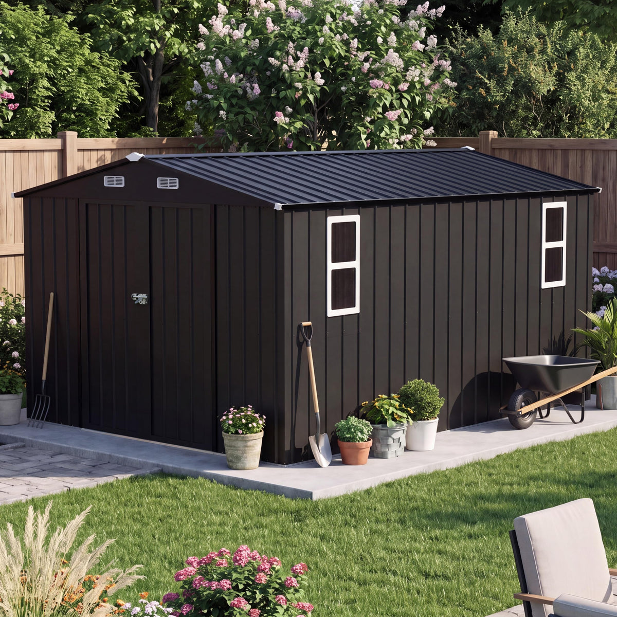 LAUSAINT HOME 10 x 3 FT 2-in-1 Metal Outdoor Storage Shed with Hardtop Gazebo, Lockable Galvanized Steel Lean-to Tool Shed with Sloped Roof, Black