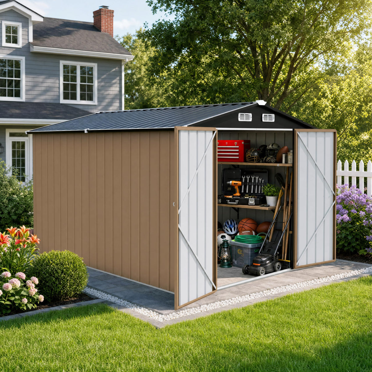 LAUSAINT HOME 8 x 6 FT Outdoor Storage Shed with Window, Galvanized Steel Storage Shed, Double Lockable Doors, Gable Roof &amp; Air Vent for Backyard, Brown