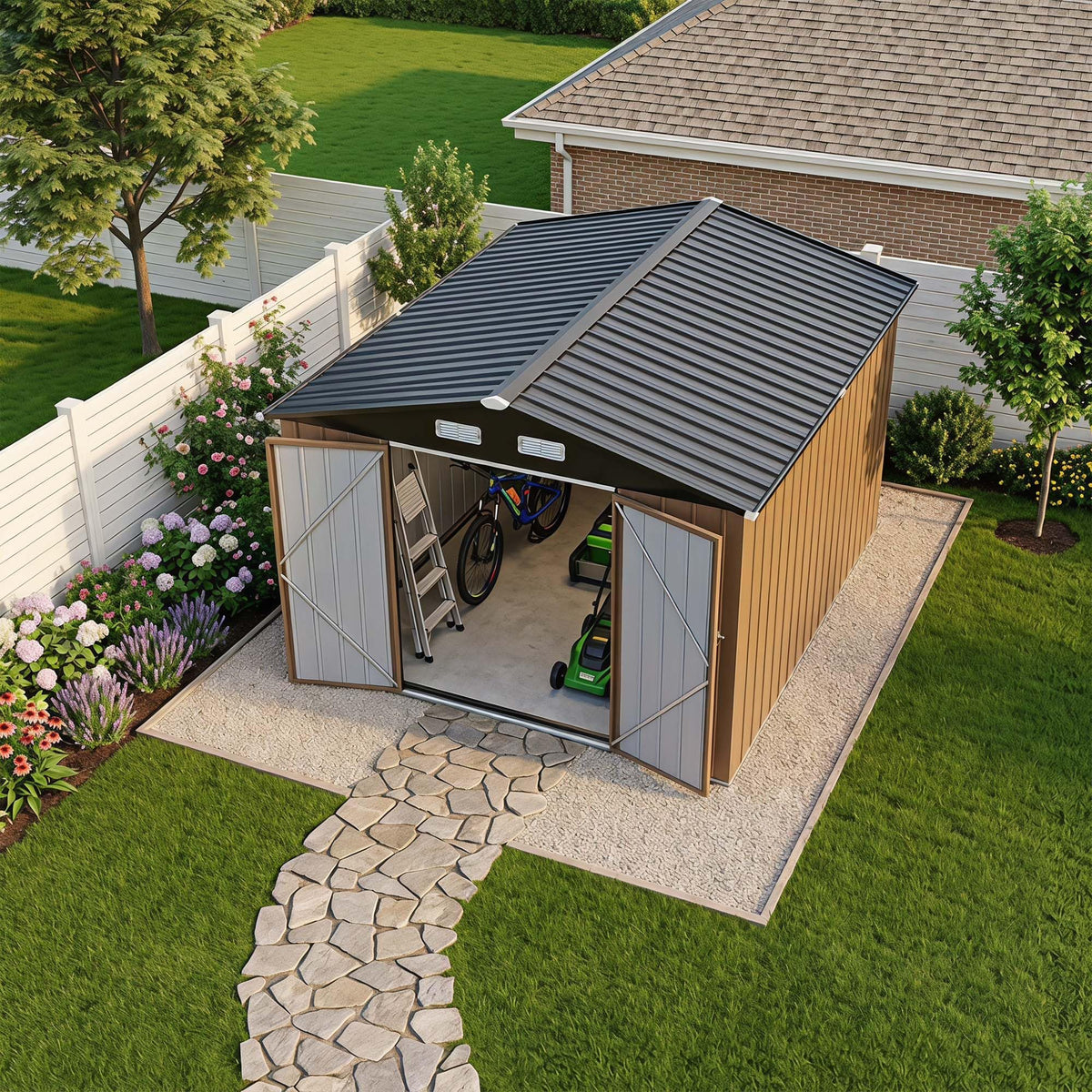 LAUSAINT HOME 8 x 6 FT Outdoor Storage Shed with Window, Galvanized Steel Storage Shed, Double Lockable Doors, Gable Roof &amp; Air Vent for Backyard, Brown