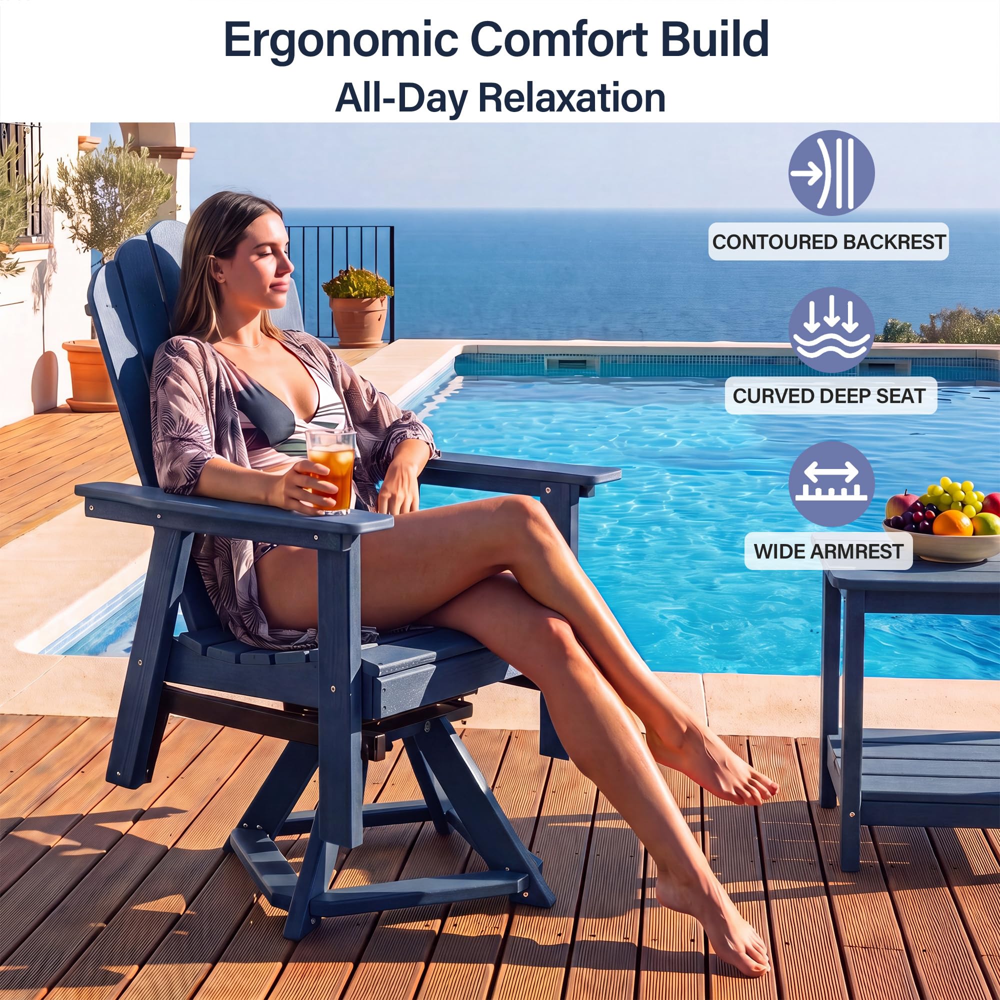 LAUSAINT HOME Swivel Adirondack Chair, Glider 360° Rotating Outdoor Patio HDPE Rocker Lounge Chair