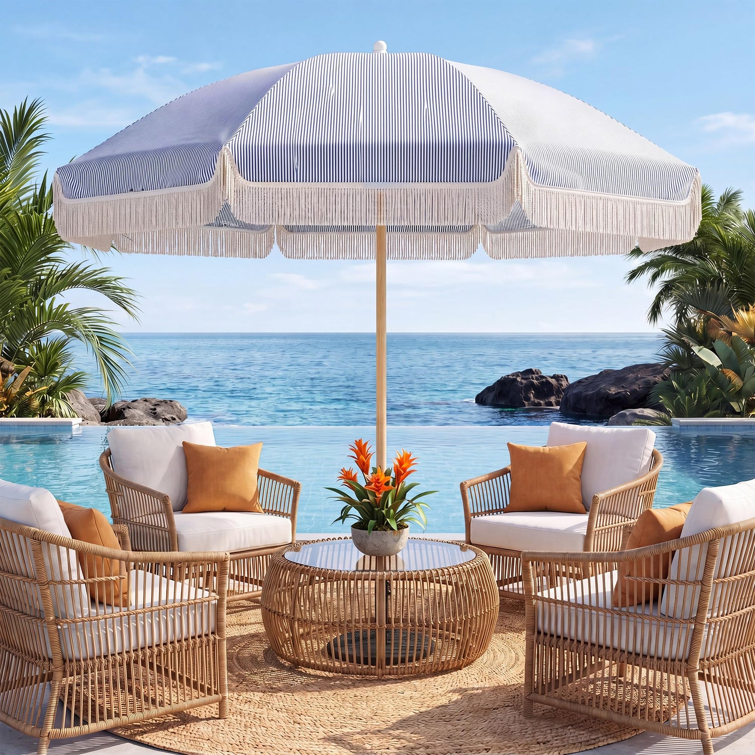 LAUSAINT HOME 8ft Boho Beach Umbrella, UPF 50+ Sun Protection Outdoor Patio Umbrella with 8 Fiberglass Ribs, Rust-Resistant Frame for Garden, Poolside, Lawn, Backyard