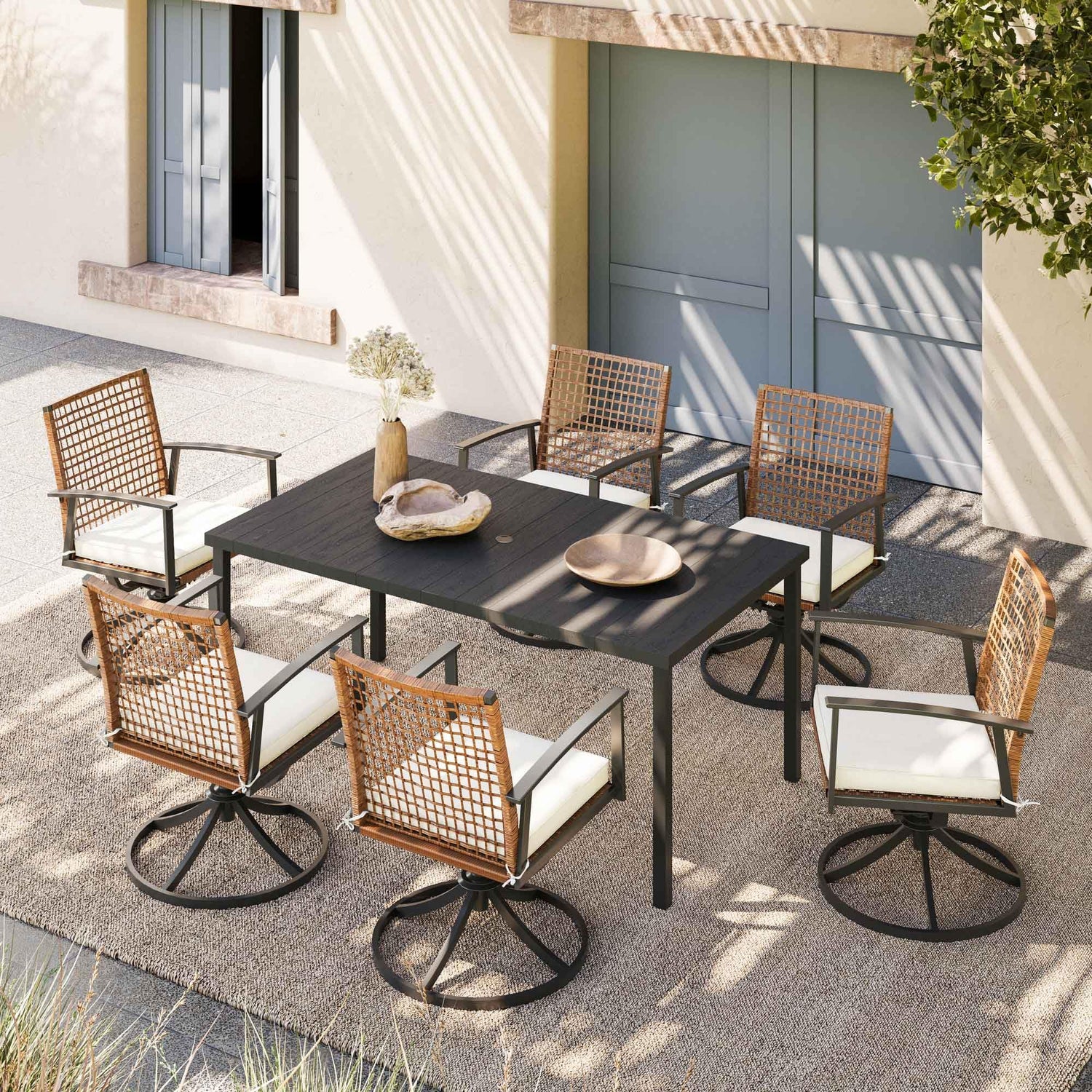 LAUSAINT HOME 7 Pieces Patio Dining Set, Outdoor Furniture Set of 6 Wicker Chairs (2 of Them Swivel) with Soft Cushion and Iron Slats Table Top with Umbrella Hole, Conversation Set for Backyard