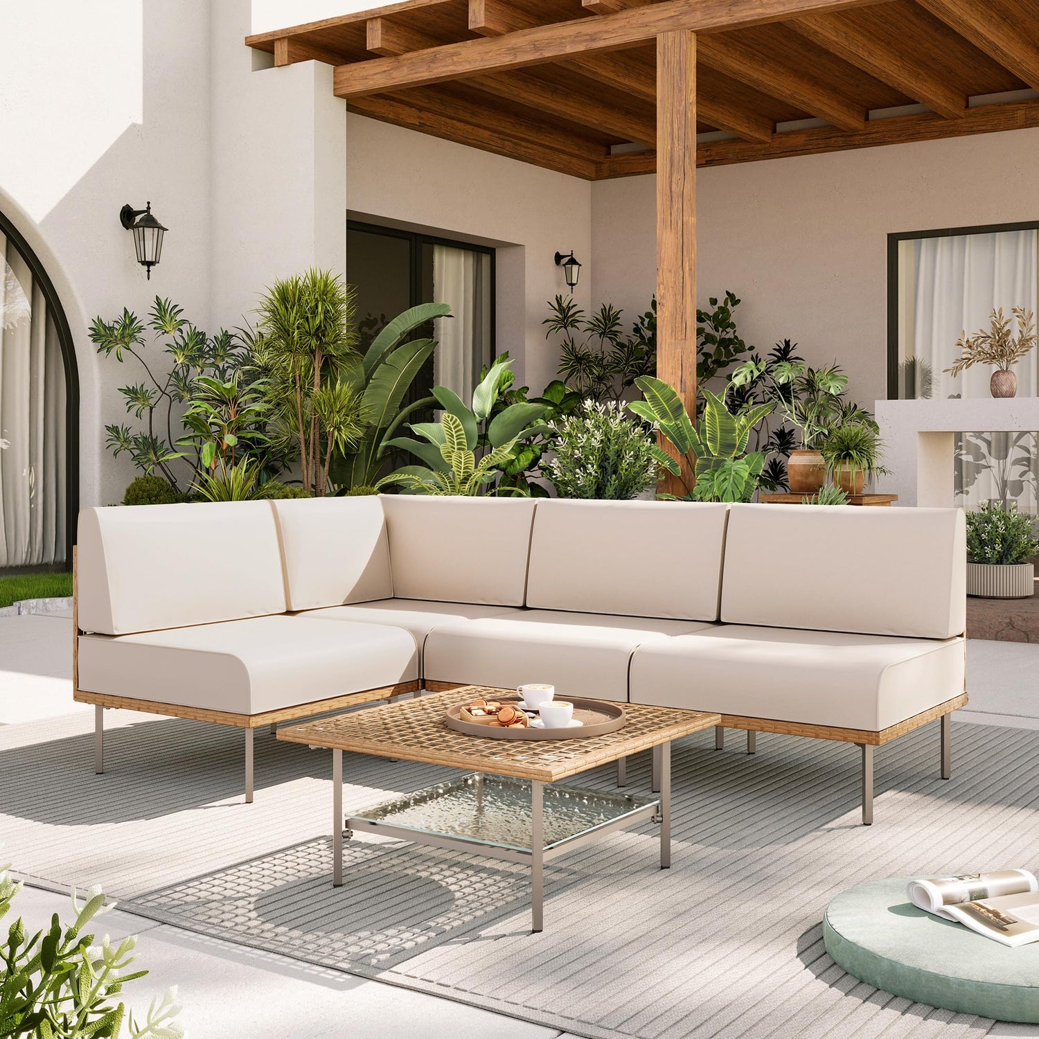 LAUSAINT HOME 7-Piece Outdoor Patio Furniture Set, Wicker Outdoor Conversation Set PE Rattan Sectional Sofa with Washable Cushions and Tempered Glass Table for Garden (Grey)