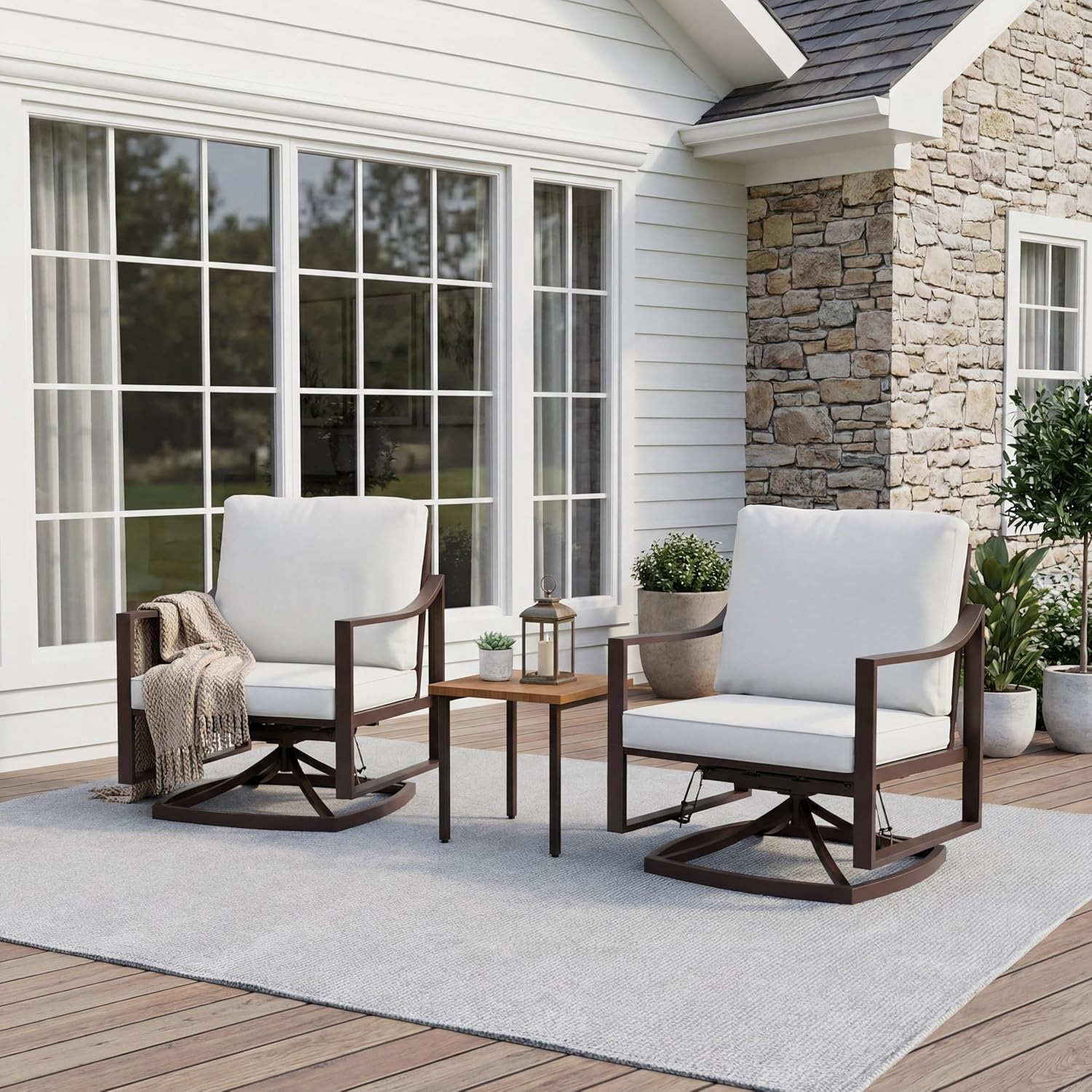 LAUSAINT HOME Outdoor Rocking Bistro Set, 3 Piece Swivel Glider Patio Conversation Set with 4" Thick Cushions &amp; Wood-Like Coffee Table, Oversized 360° Swivel Rocking Chairs for Garden Backyard (Beige)