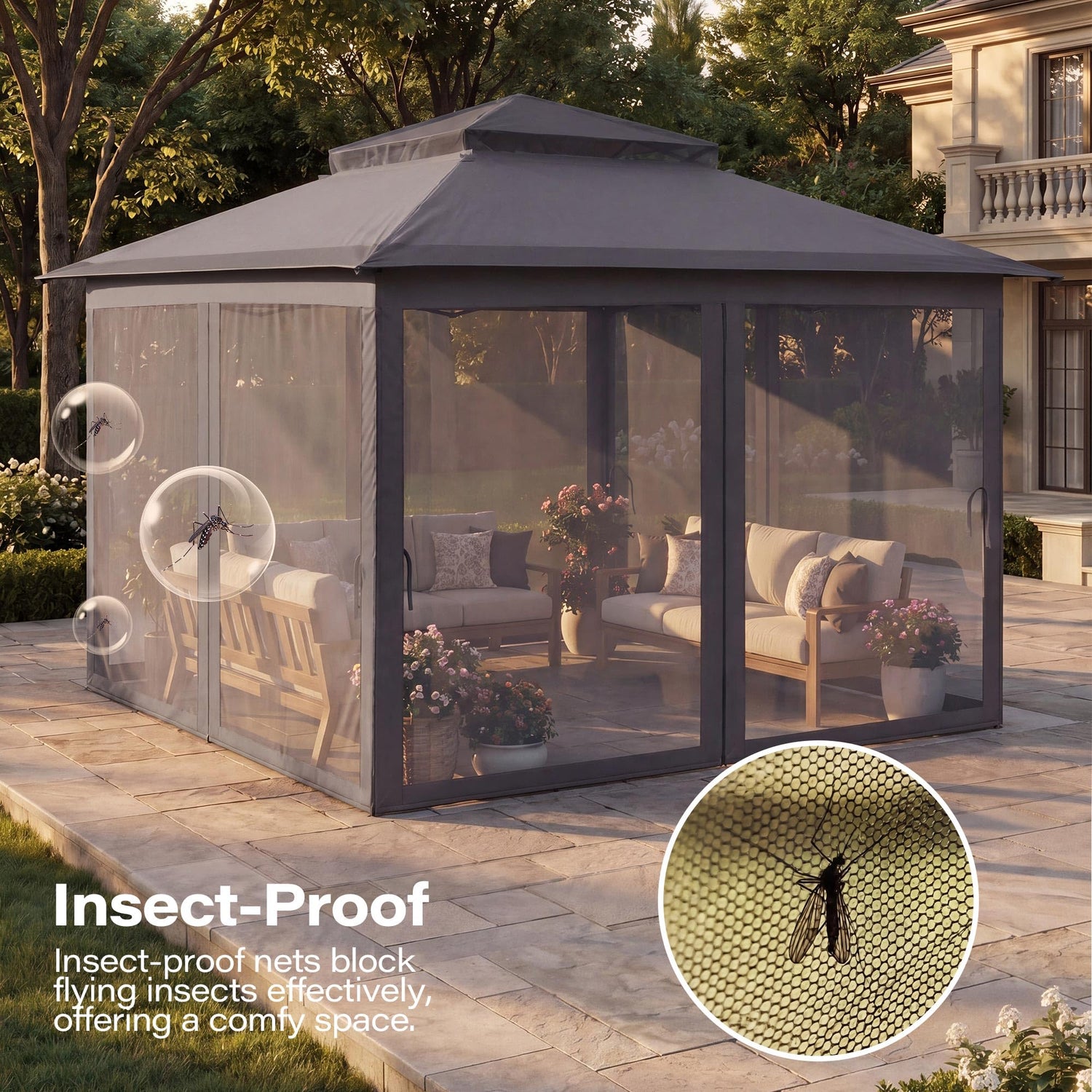 LAUSAINT HOME 11x11 Pop Up Gazebo with Mosquito Netting, Portable Outdoor Gazebo Canopy Tent with Sidewalls, One Push Instant Setup &amp; Adjustable Height for Patio Backyard Party BBQ Deck, Grey