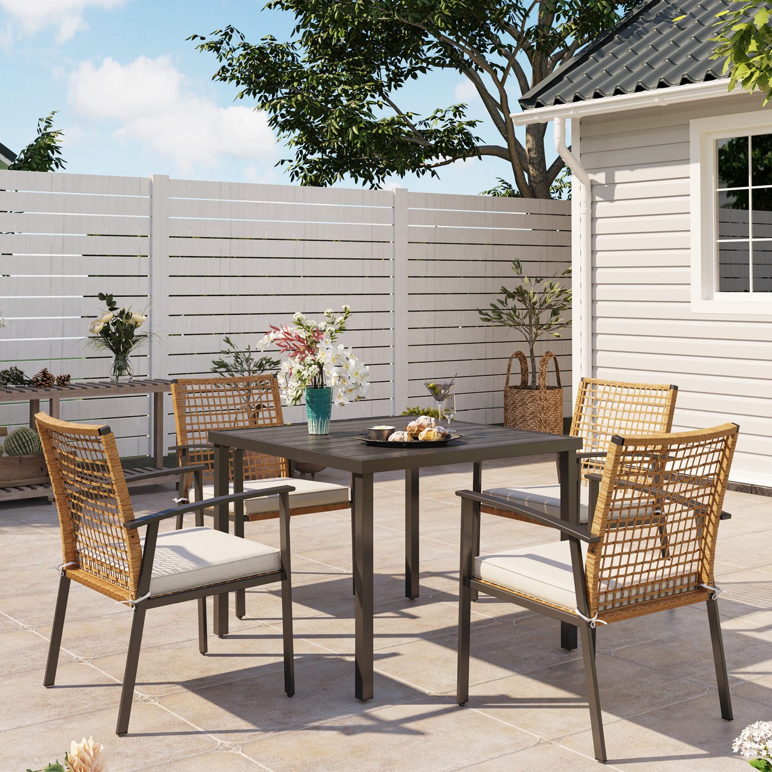 LAUSAINT HOME Outdoor Dining Table with Umbrella Hole, Weather Resistant Heavy Duty Metal Frame Table