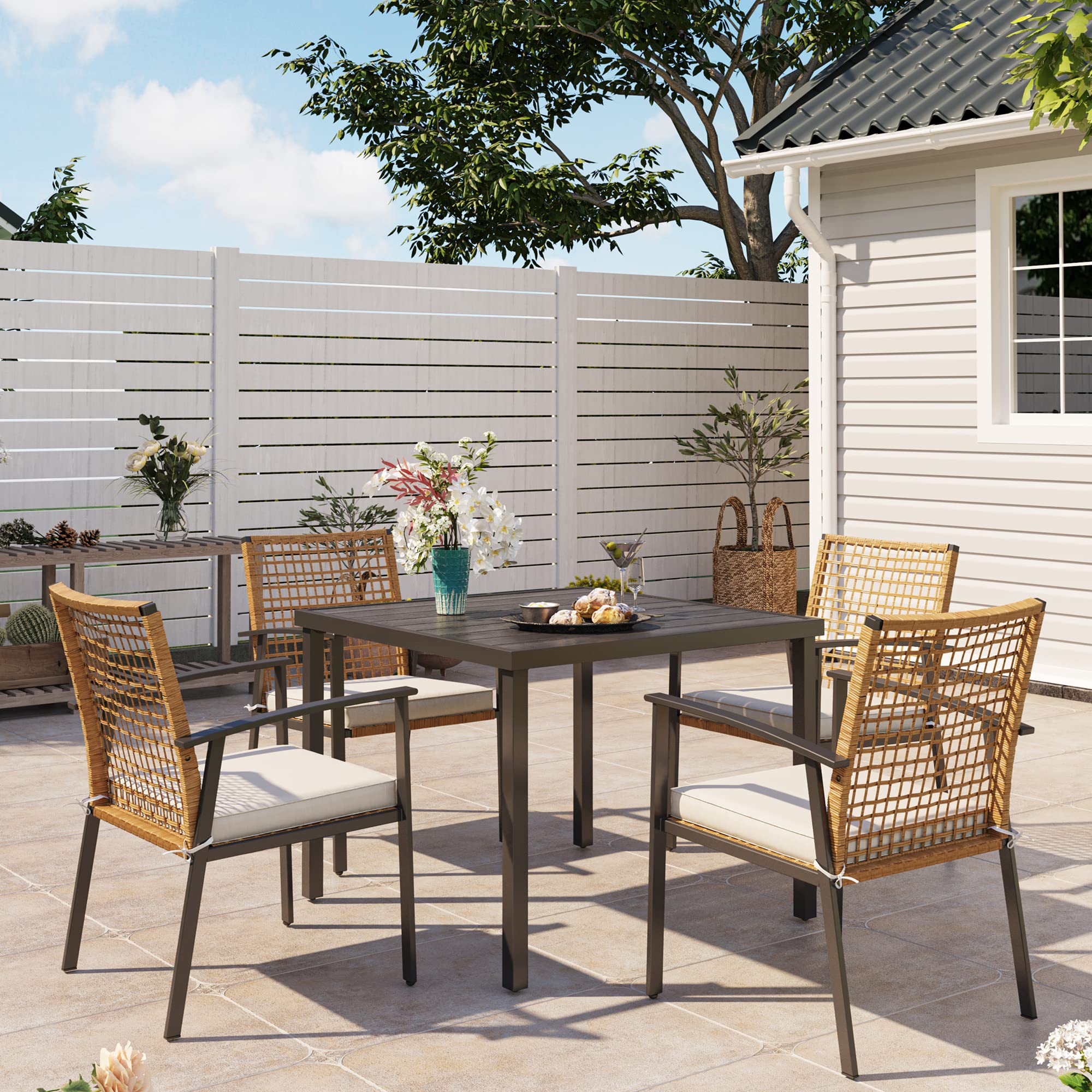 LAUSAINT HOME Outdoor Dining Table with Umbrella Hole, Weather Resistant Heavy Duty Metal Frame Table