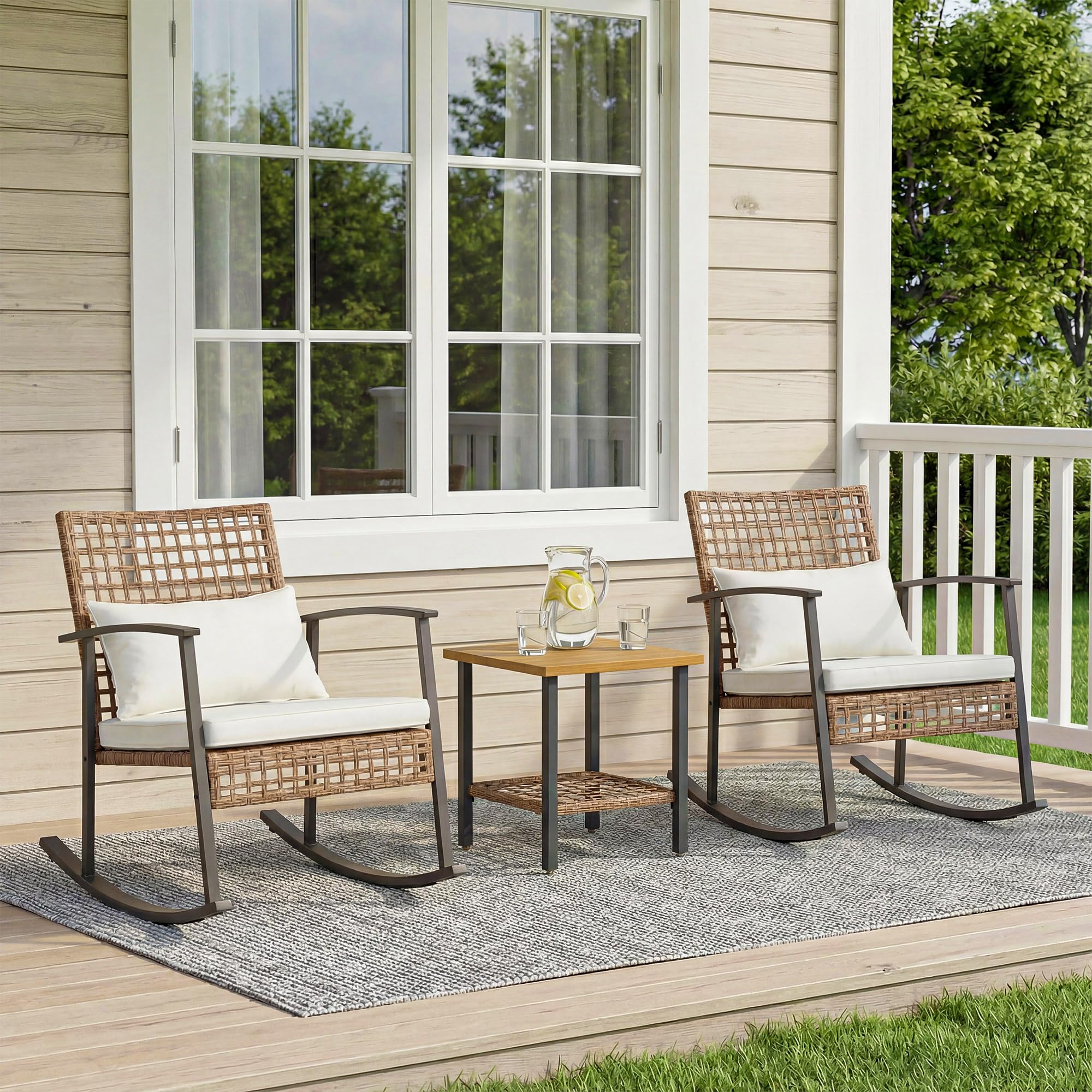 LAUSAINT HOME 3 Pieces Rocking Patio Bistro Set, Wicker Outdoor Conversation Set