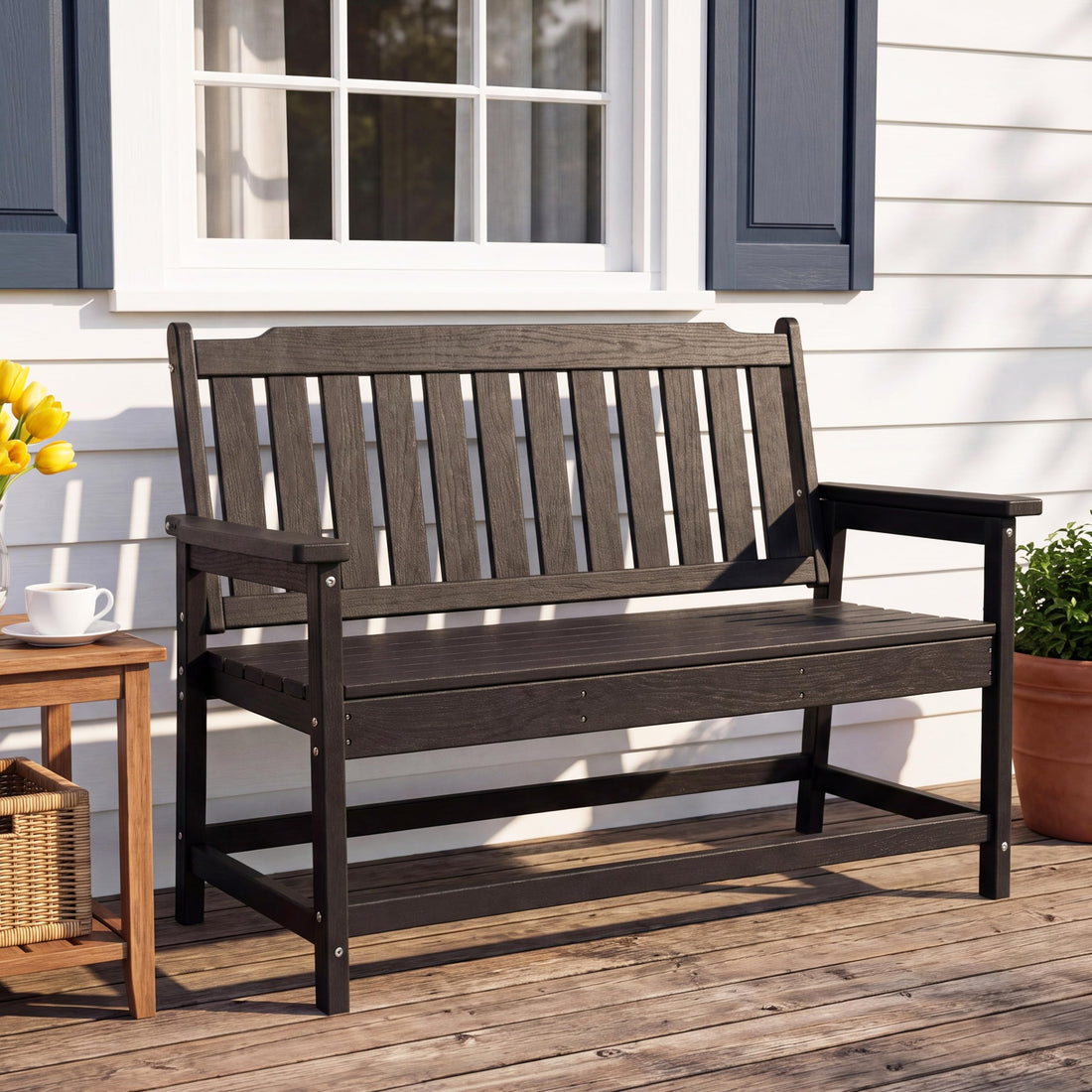 LAUSAINT HOME HDPE Outdoor Bench, Weather-Resistant Patio &amp; Porch Bench with Aluminum-Reinforced Frame