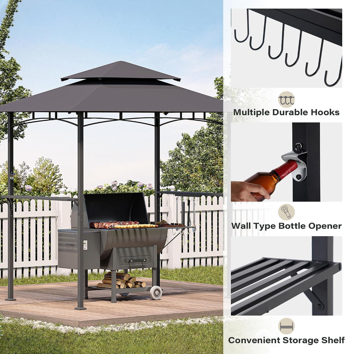 LAUSAINT HOME 5x8 FT Outdoor Grill Gazebo Canopy, BBQ Gazebo with 2-Tier Vented Top, 2 Durable Shelves &amp; Metal Frame Grill ShelterDark Gray