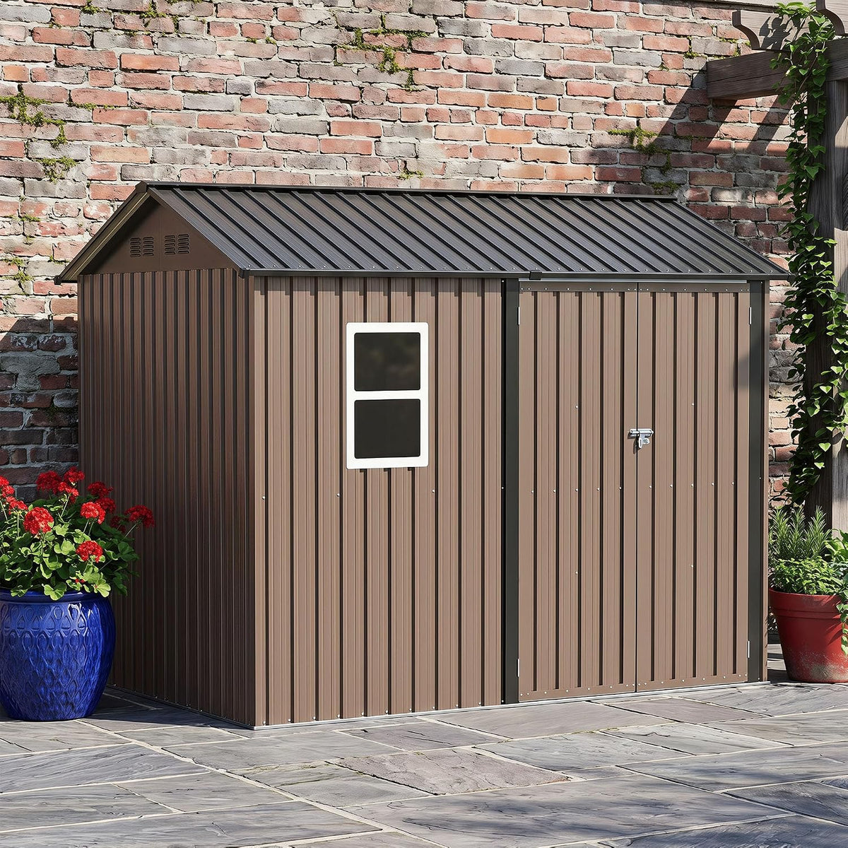 LAUSAINT HOME 8 x 6 FT Outdoor Storage Shed with Window, Galvanized Steel Storage Shed, Double Lockable Doors, Gable Roof &amp; Air Vent for Backyard, Brown