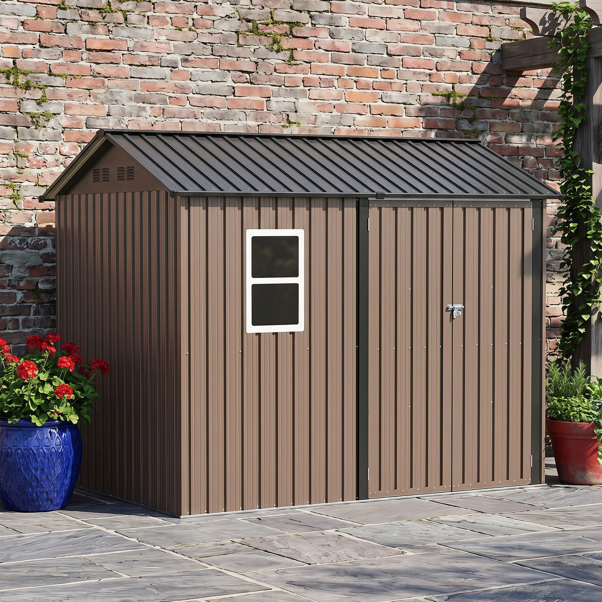 LAUSAINT HOME 10 x 3 FT 2-in-1 Metal Outdoor Storage Shed with Hardtop Gazebo, Lockable Galvanized Steel Lean-to Tool Shed with Sloped Roof, Black