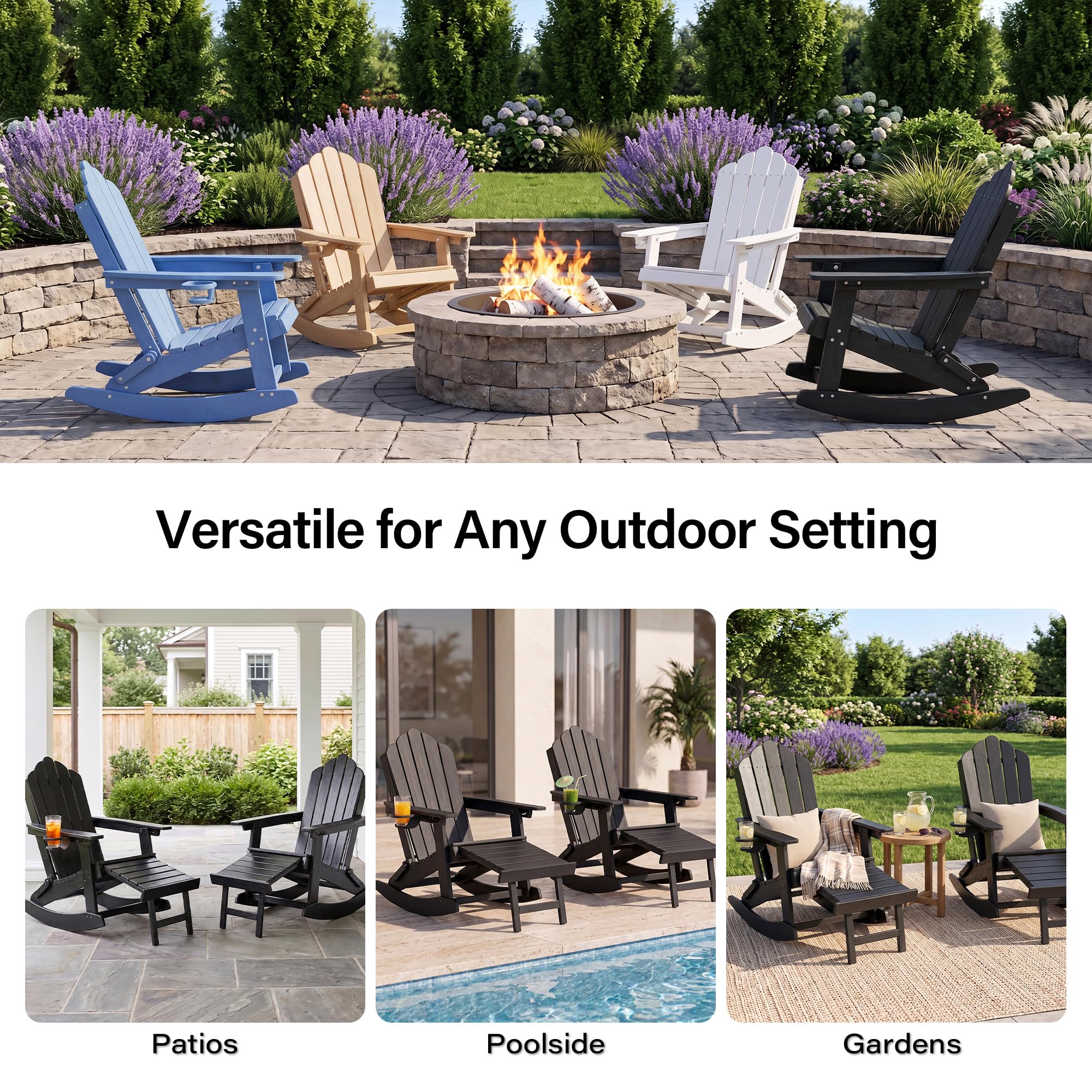 LAUSAINT HOME Folding Adirondack Rocking Chairs Set with Retractable Ottomans, 3-Position Adjustable Backrests and Cup Holders