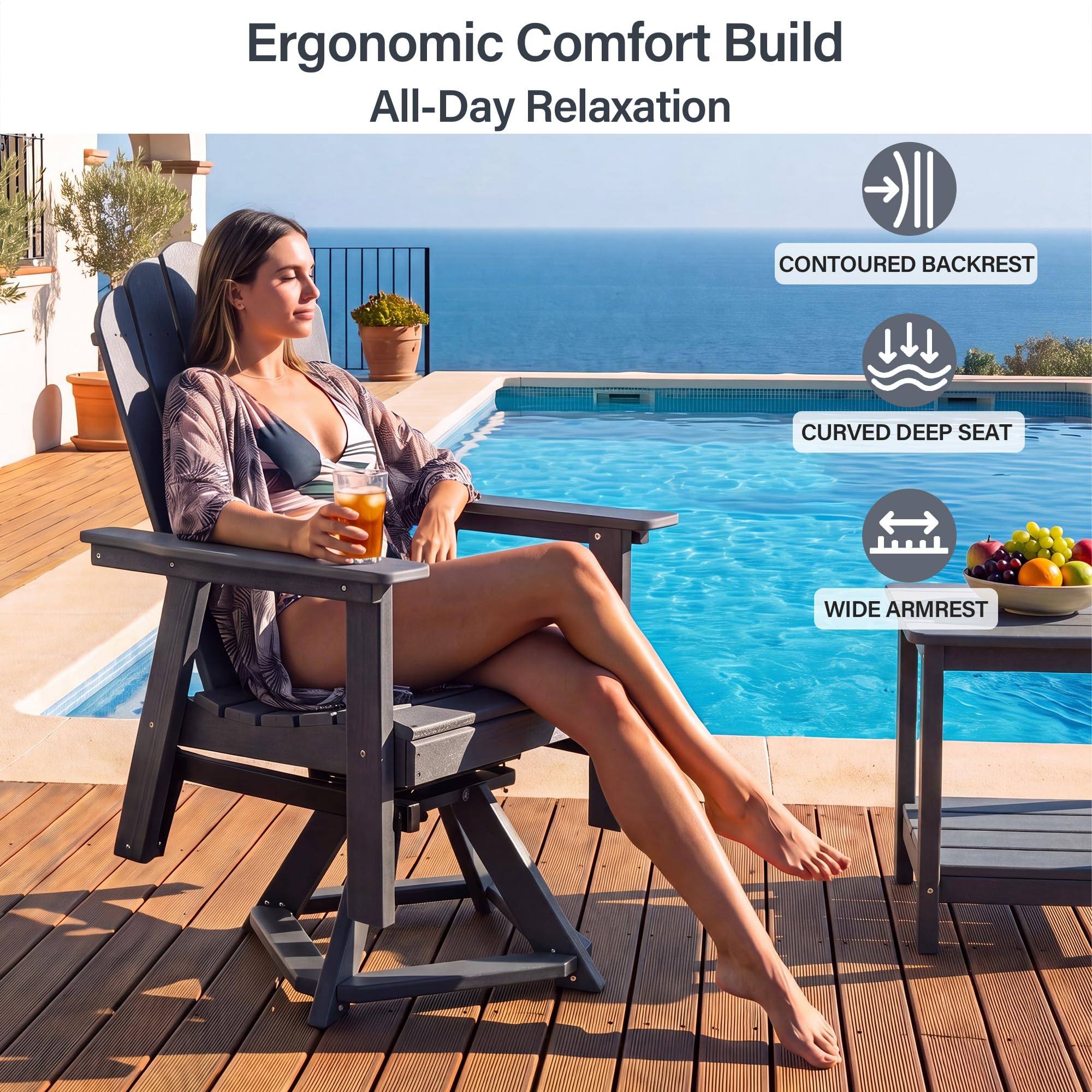 LAUSAINT HOME Swivel Adirondack Chair, Glider 360° Rotating Outdoor Patio HDPE Rocker Lounge Chair