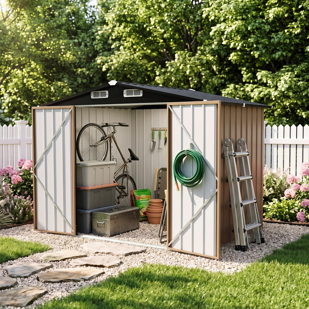 LAUSAINT HOME 8 x 6 FT Outdoor Storage Shed with Window, Galvanized Steel Storage Shed, Double Lockable Doors, Gable Roof &amp; Air Vent for Backyard, Brown